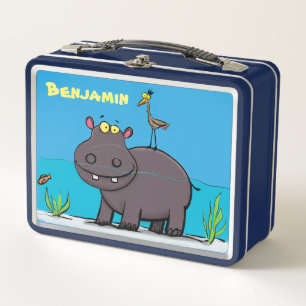 Cute hippo and bird in river cartoon illustration metal lunch box