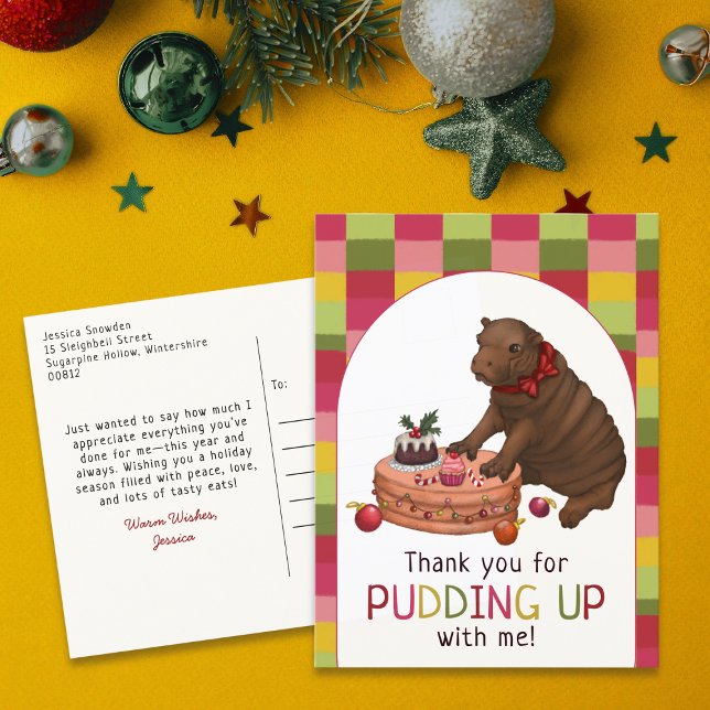 Cute Hippo and Pudding Funny Christmas Thank You Holiday Postcard (Creator Uploaded)