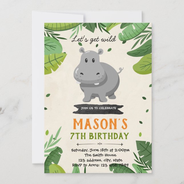 Cute hippo birthday party invitation (Front)