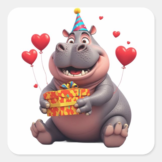 Cute Hippo Birthday Party With Gift 🎁 Square Sticker (Front)