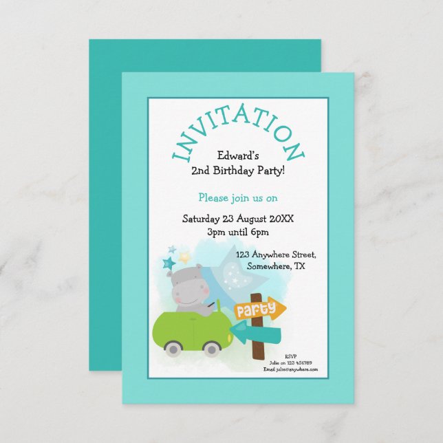 Cute Hippo Car Toddler Birthday Party Teal Invitation (Front/Back)