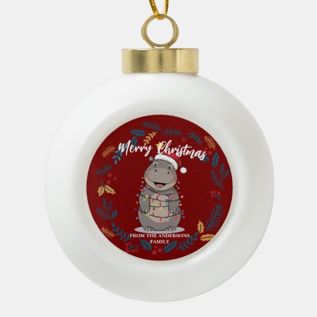 Cute Hippo christmas tree zoo animal Xmas Wealth f Ceramic Ball Christmas Ornament (Front)