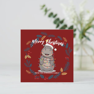 Cute Hippo christmas tree zoo animal Xmas Wealth f Holiday Card