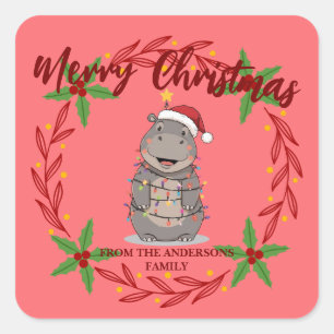 Cute Hippo christmas tree zoo animal Xmas Wealth f Square Sticker