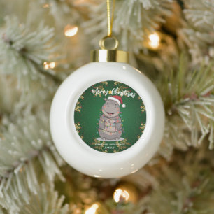 Cute Hippo Christmas tree zoo safari Xmas plaid pa Ceramic Ball Christmas Ornament