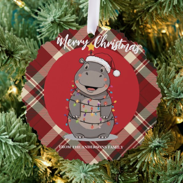Cute Hippo Christmas tree zoo safari Xmas plaid pa Decoration Card (Insitu (Tree))