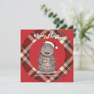 Cute Hippo Christmas tree zoo safari Xmas plaid pa Holiday Card