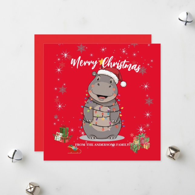 Cute Hippo Christmas tree zoo safari Xmas plaid pa Holiday Card (Front/Back In Situ)