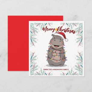 Cute Hippo Christmas tree zoo safari Xmas plaid pa Holiday Card