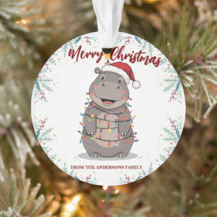 Cute Hippo Christmas tree zoo safari Xmas plaid pa Ornament