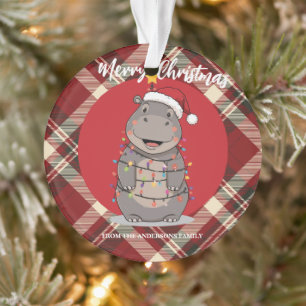 Cute Hippo Christmas tree zoo safari Xmas plaid pa Ornament