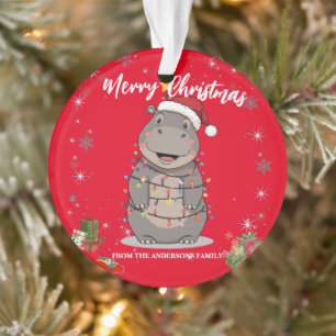 Cute Hippo Christmas tree zoo safari Xmas plaid pa Ornament
