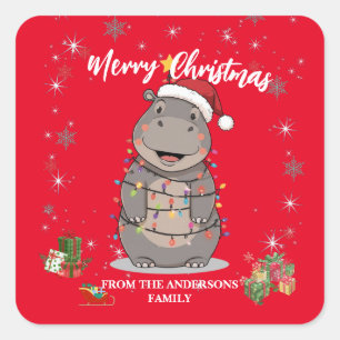 Cute Hippo Christmas tree zoo safari Xmas plaid pa Square Sticker