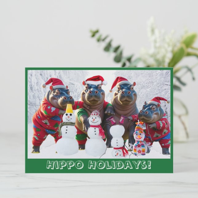 Cute Hippo Family in Pyjamas Personalised Holiday Card (Standing Front)