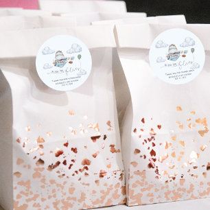 Cute Hippo Flies Aeroplane & Clouds, First Birthda Classic Round Sticker