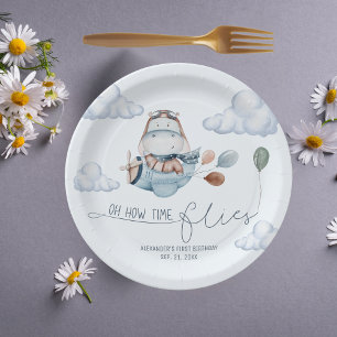 Cute Hippo Flies Aeroplane & Clouds, First Birthda Paper Plate