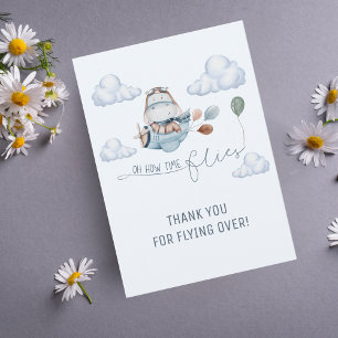 Cute Hippo Flies Aeroplane & Clouds, First Birthda Thank You Card