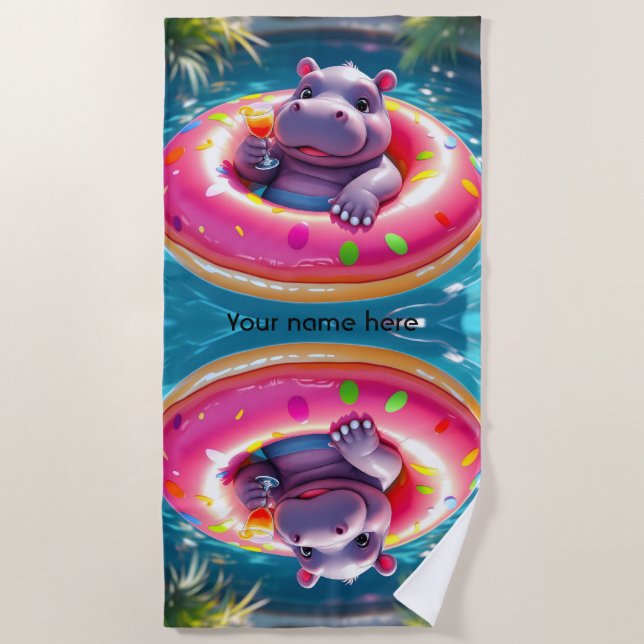 Cute Hippo Floating in Doughnut Pool Float, custom Beach Towel (Front)