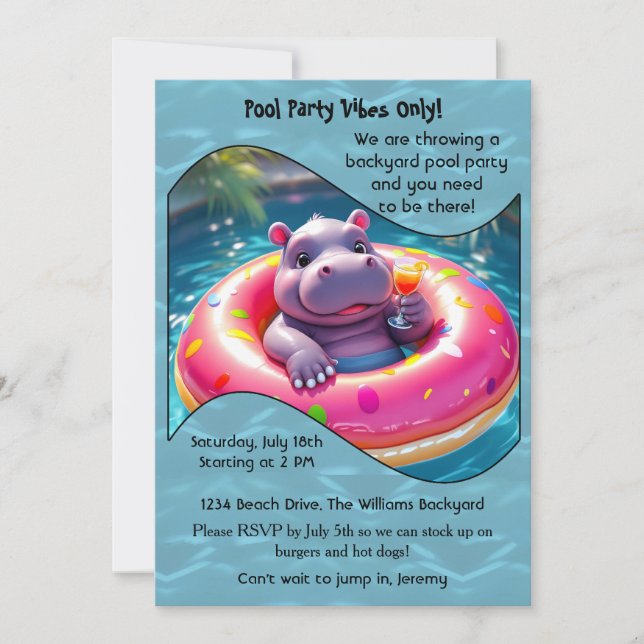 Cute Hippo Floating in Doughnut Pool Float, custom Invitation (Front)