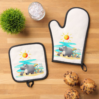 Cute Hippo Fun in the Sun Beach Day Oven Mitt & Pot Holder Set