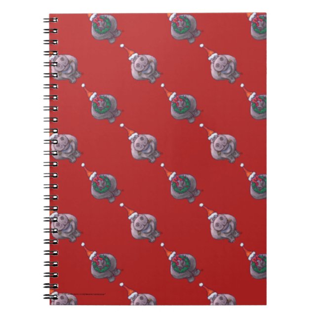 Cute Hippo Heads and Tails Pattern on Red Spiral Notebook (Front)