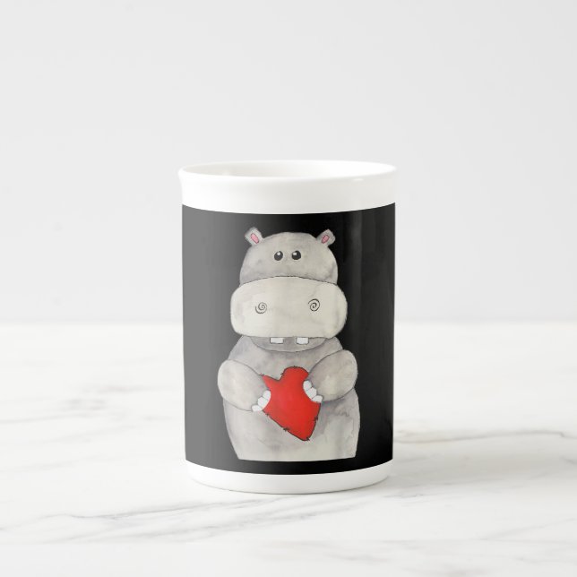 Cute Hippo Hippopotamus Holding Heart | Love Hippo Bone China Mug (Front)