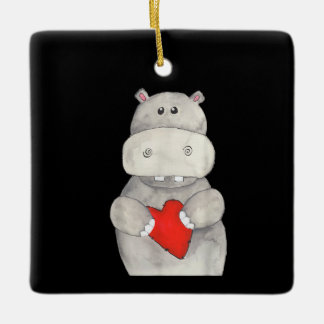 Cute Hippo Hippopotamus Holding Heart | Love Hippo Ceramic Ornament