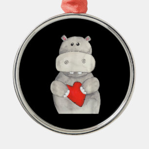 Cute Hippo Hippopotamus Holding Heart Love Hippo Metal Tree Decoration