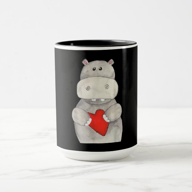 Cute Hippo Hippopotamus Holding Heart | Love Hippo Mug (Center)