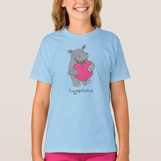 Cute Hippo Hugs Cute Animal Cartoon T-Shirt (Front)