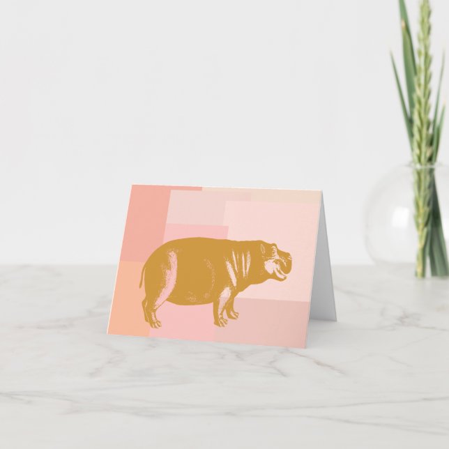 Cute Hippo Illustration in Pink and Gold Card (Front)