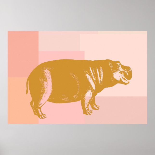 Cute Hippo Illustration in Pink and Gold Poster (Front)