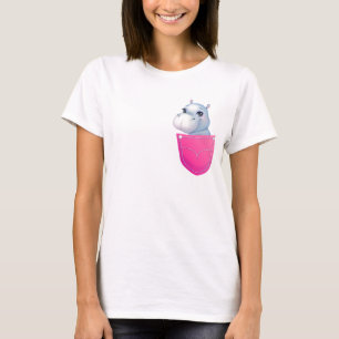 Cute Hippo in a Printed Pink Pocket T-Shirt