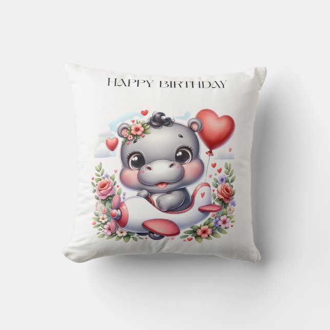 Cute Hippo in Heart Plane Cushion (Front)