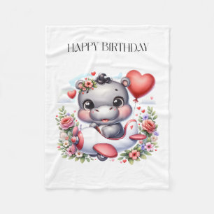Cute Hippo in Heart Plane Fleece Blanket