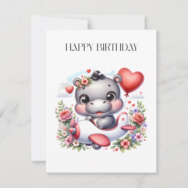 Cute Hippo in Heart Plane Invitation (Front)
