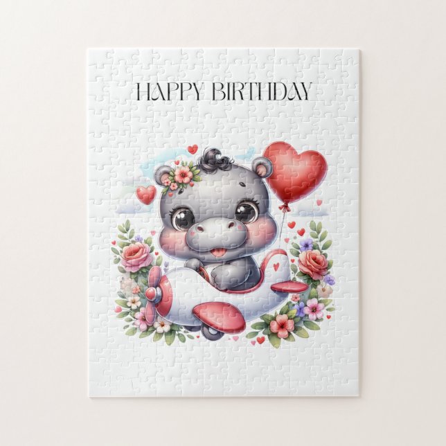 Cute Hippo in Heart Plane Jigsaw Puzzle (Vertical)