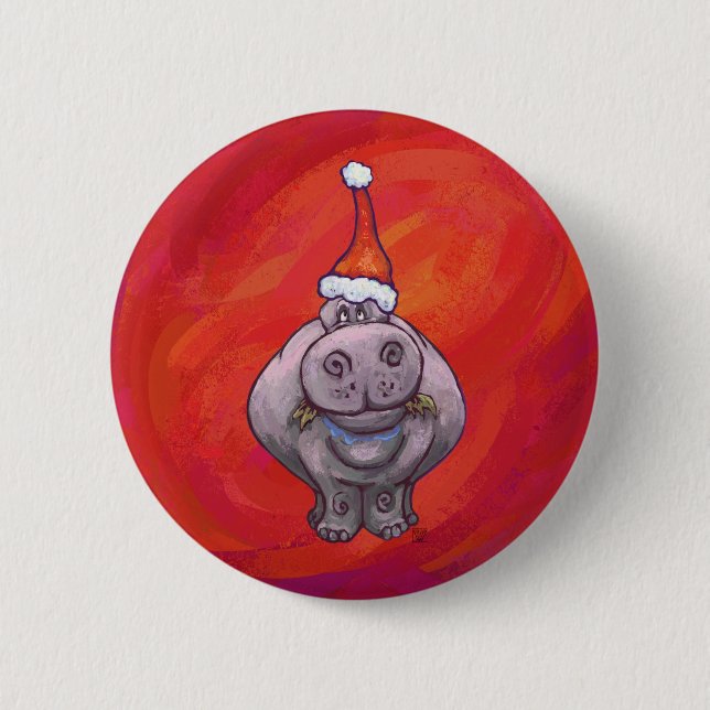 Cute Hippo in Santa Hat on Red 6 Cm Round Badge (Front)