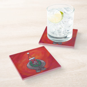 Cute Hippo in Santa Hat on Red Glass Coaster