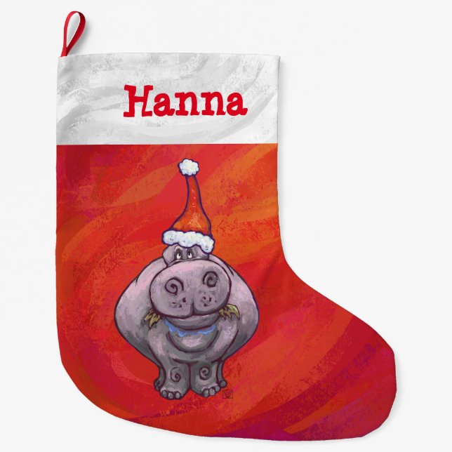Cute Hippo in Santa Hat on Red Large Christmas Stocking (Front)