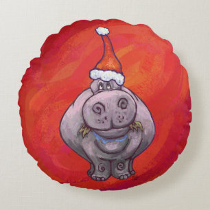 Cute Hippo in Santa Hat on Red Round Cushion