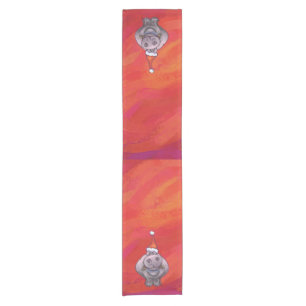 Cute Hippo in Santa Hat on Red Short Table Runner