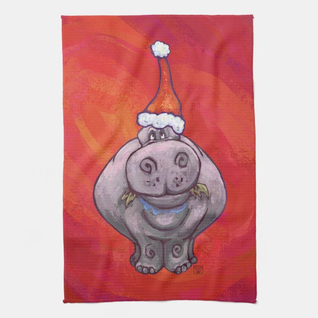 Cute Hippo in Santa Hat on Red Tea Towel (Vertical)