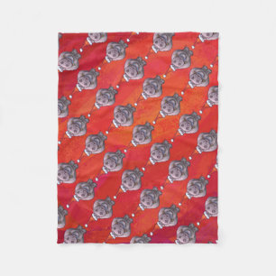 Cute Hippo in Santa Hat Pattern on Red Fleece Blanket