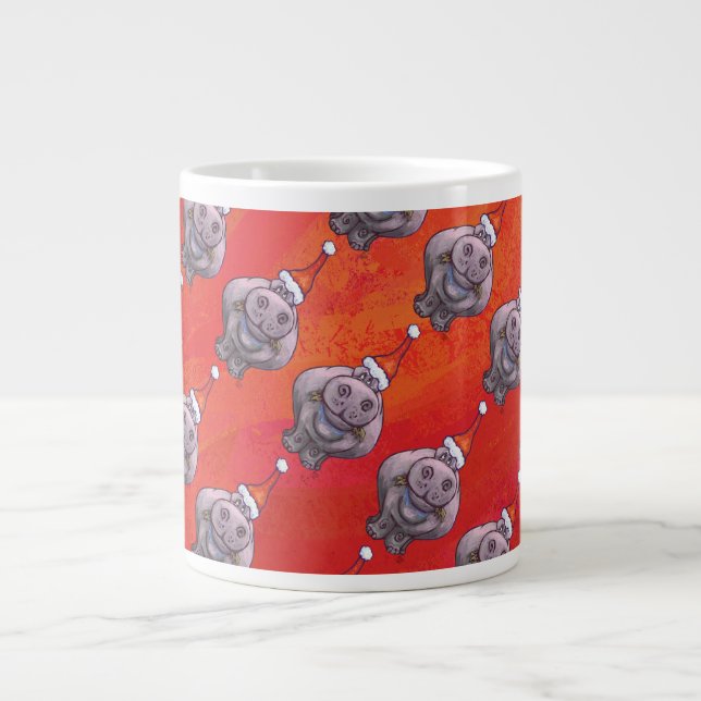Cute Hippo in Santa Hat Pattern on Red Large Coffee Mug (Front)