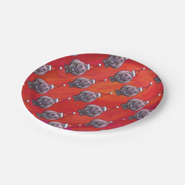 Cute Hippo in Santa Hat Pattern on Red Paper Plate (Angled)