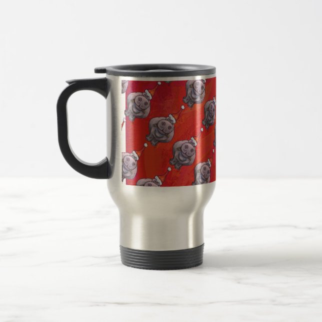 Cute Hippo in Santa Hat Pattern on Red Travel Mug (Left)
