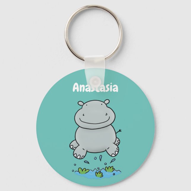 Cute hippo jumping cartoon illustration key ring (Front)