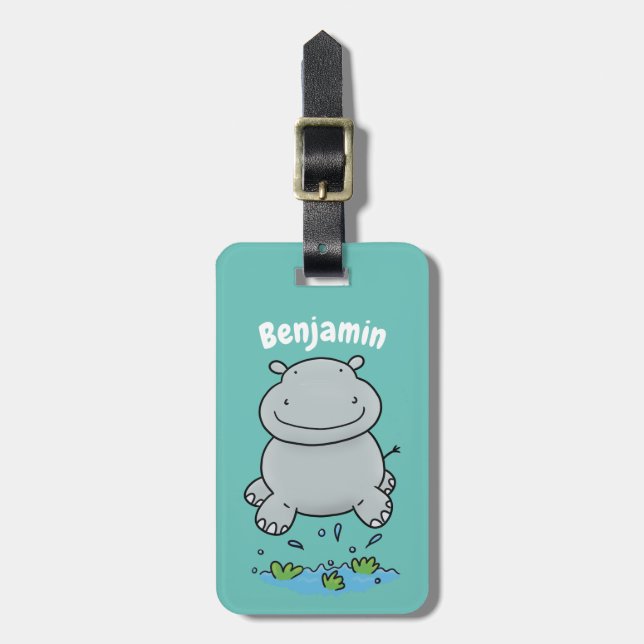 Cute hippo jumping cartoon illustration luggage tag (Front Vertical)