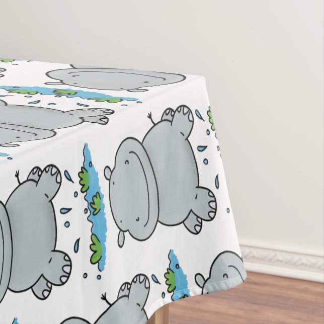 Cute hippo jumping cartoon illustration tablecloth (In Situ)